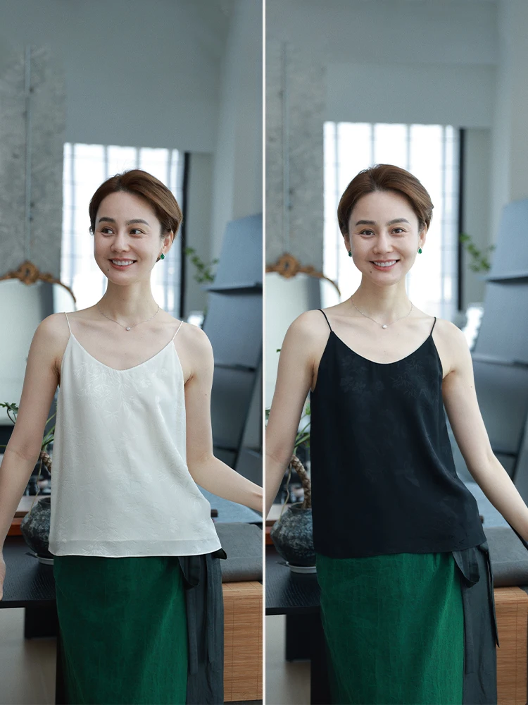 

WinnieTang New Chinese Sle Handmade Sewn Embroidered Silk Chiffon 6A ade 00% Silk Beaded Strap Vest Top