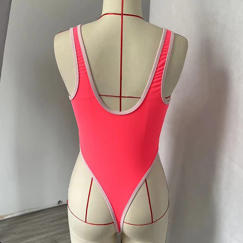 BEACHBELE Bikini One Piece Summer Casual Sport Contrast Color Square Neck Zipper Sleelveless Backless Swimsuit Holiday Beachwear