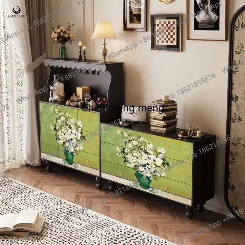 

CC182 French retro style lacquer painting, solid wood dining side cabinet, entrance kitchen storage, bed and breakfast