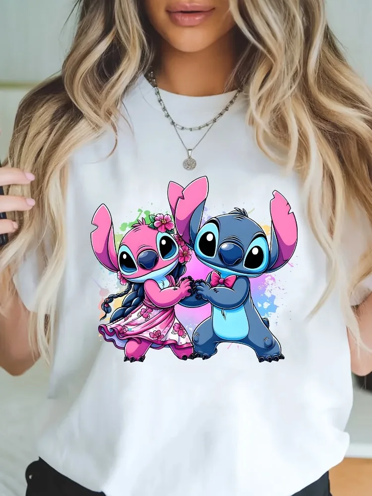 

Милая футболка с короткими рукавами и мультяшным принтом «Стит и ангел», милая летняя женская одежда Y2K, повседневная одежда, женская одежда в стиле Харадзюку, большие размеры