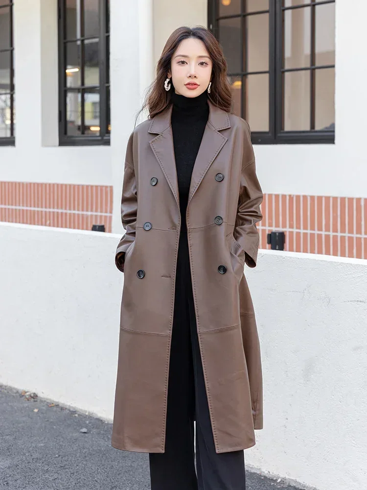

Casual Long Genuine Leather Jackets for Women Spring Autumn 2026 New High-end Simple Double Breasted Real Sheepskin Trench Coat