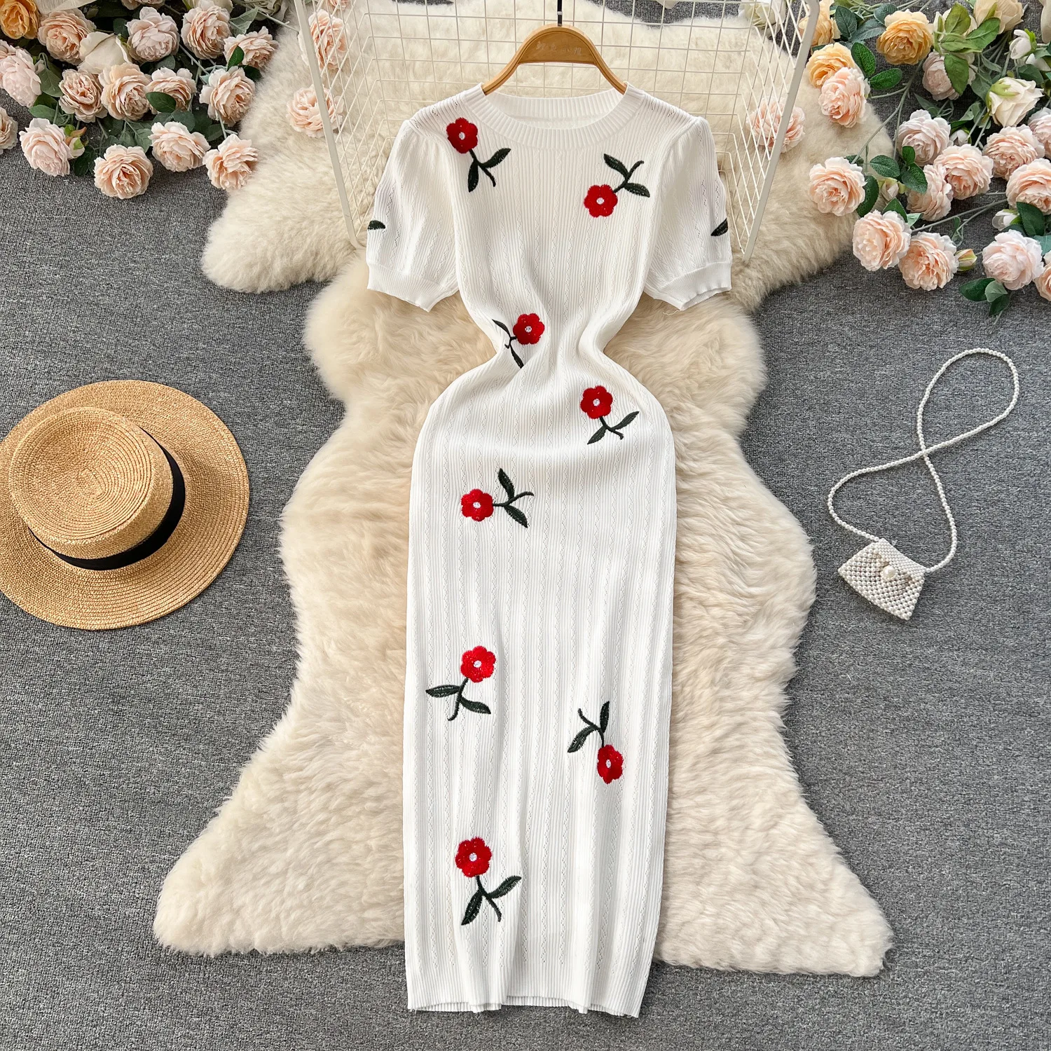 

Long Dress Women Dresses Bodycon Floral Vestidos Embroidery Round Neck Short Sleeve Elegant Splice Y2k Streetwear Party Night