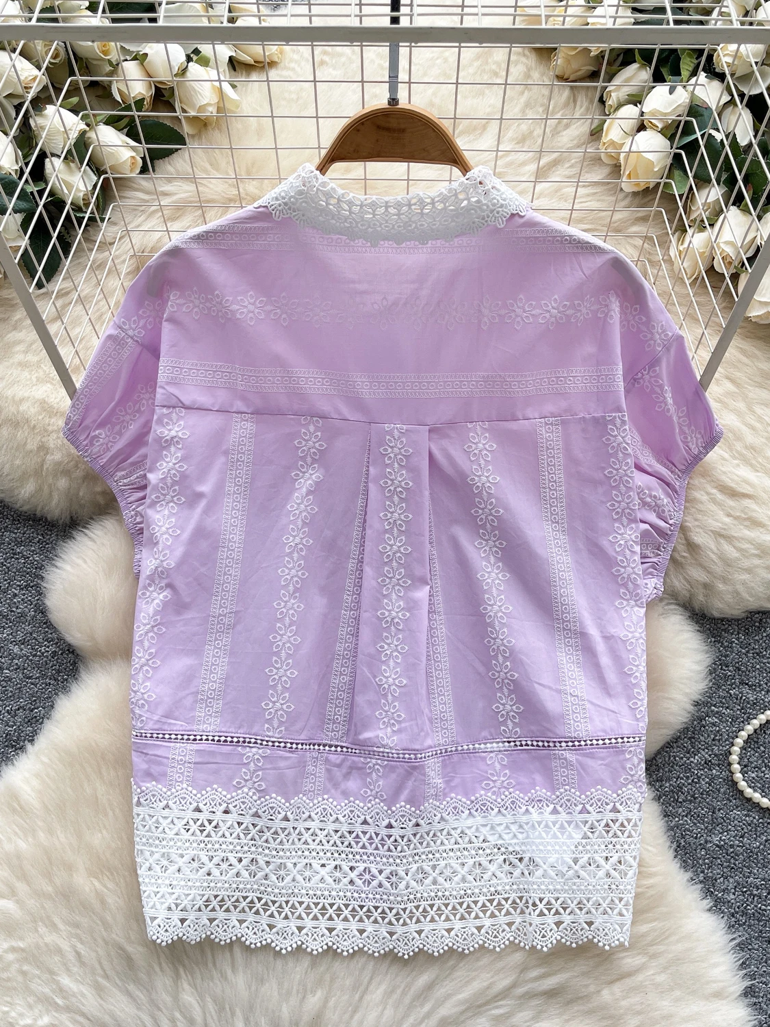 

Ele Lace Splice ort Sve Embroidered Top Women's Faionable Summer irt Korean Sle Loose Fit Regular Length