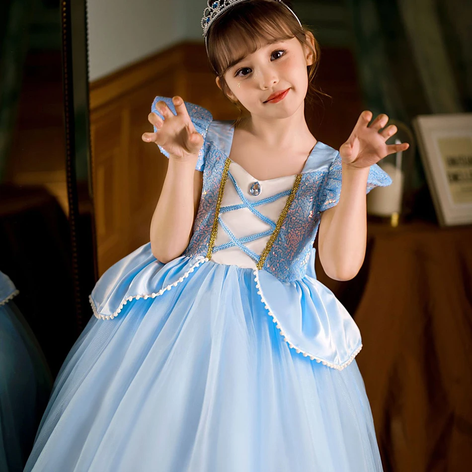 Robe de princesse Cendrillon avec lumière LED pour enfants, vêtements de cosplay pour fille, costume d'Halloween et de carnaval, robe d'anniversaire et de mariage pour enfants