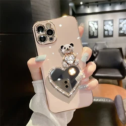Cute Cartoon Love Heart Mirror Bear Plating Case For iPhone 15 14 11 12 13 Pro Max Mini X XS XR 7 8 Plus SE3 Soft Silicone Cover