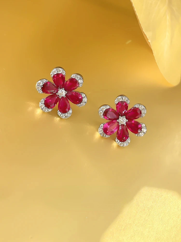 Desire Artificial Rose Ruby Flower Earrings Women's Advanced  New 925 Silver