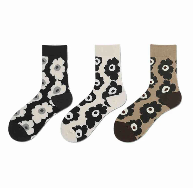 Ins medium ankle socks, floral pattern, plain color, Korean vintage style. for women