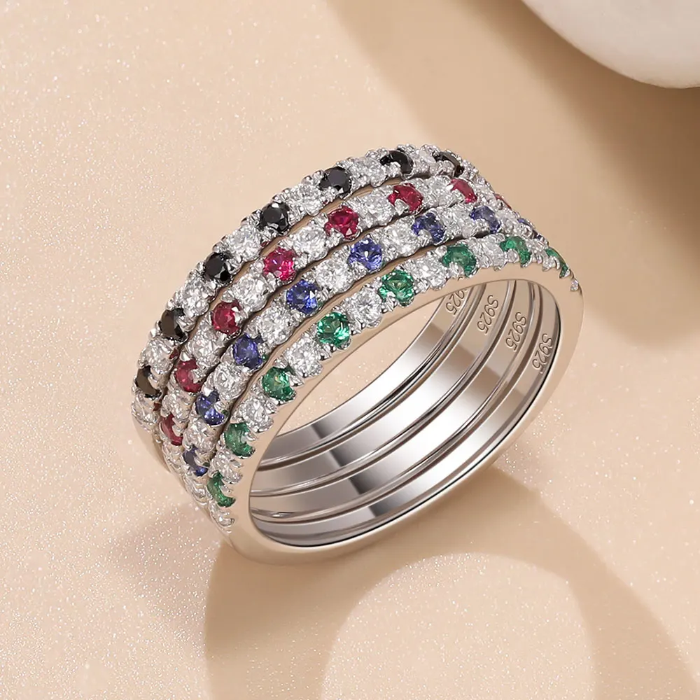 Pretty Beauty S925 Silber Halb-Eternity Smaragdring mit abwechselnden Edelsteinen und Moissanit-Ehering für Damen, edler Partyschmuck – Detail 7