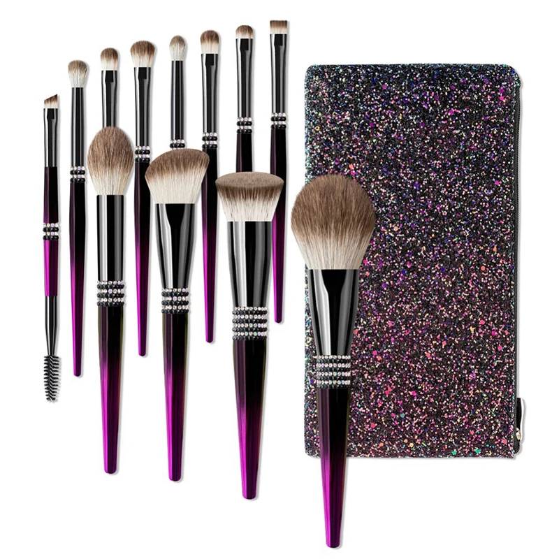 Karsyngirl 12pcs/set Luxury Glitter Diamond Bling Makeup Brush Metal Purple for Women Makeup Brush Beauty Tool