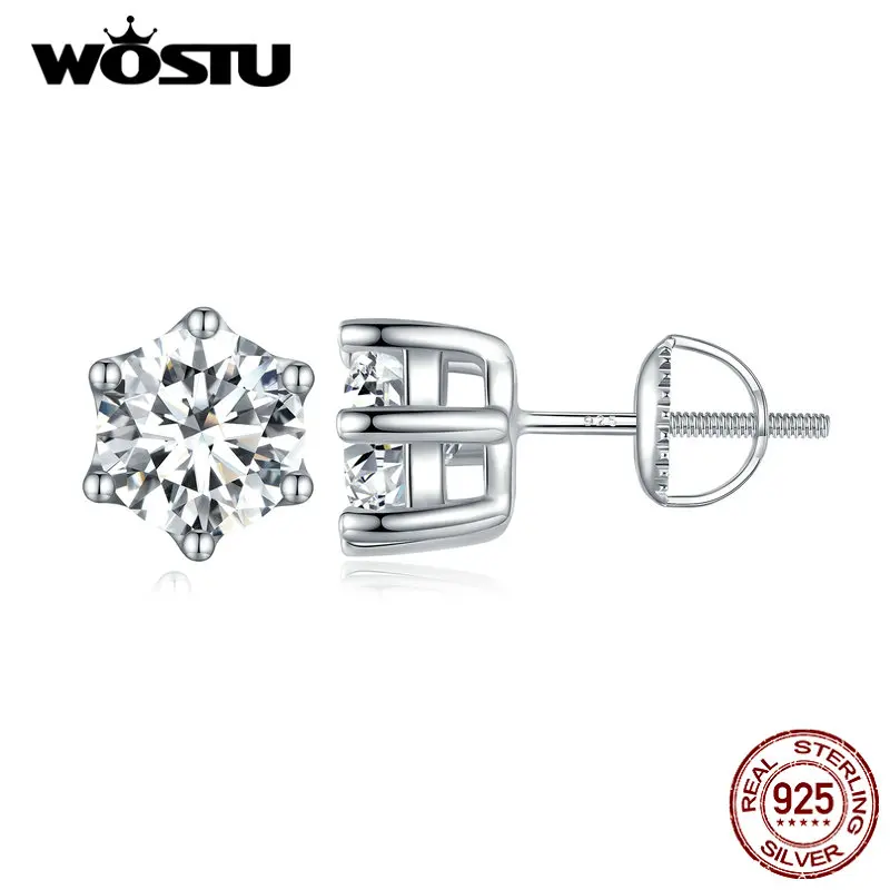 WOSTU Basic Wedding Crown Stud Earrings Solid 925 Sterling Silver Clear Cubic Zirconia Women Engagement Studs Earring 5-8 MM