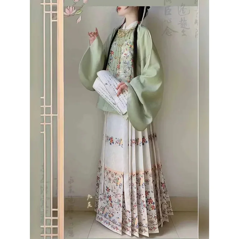 Plus Size 10XL 2pcs Sets Hanfu Horse Face Skirt Women Oversized Daily Chinese Vintage Hanfu Green Shirt+Skirt Christmas Sets