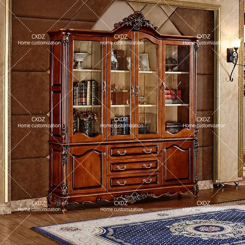 Four Door Glass Cabinet Bookcase Classical Retro Style Luxury Locker Full Solid Wood Carving Flower Dark Cabinet