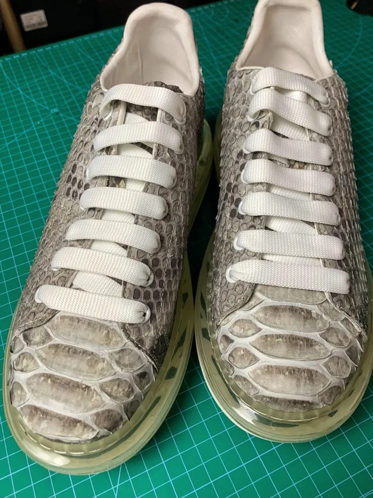 High Quality Handmade Real Snakeskin Skateboard Shoes Casual Lace Up Thick Platform Sneakers Male Low Cut Genuine Leather Shoes