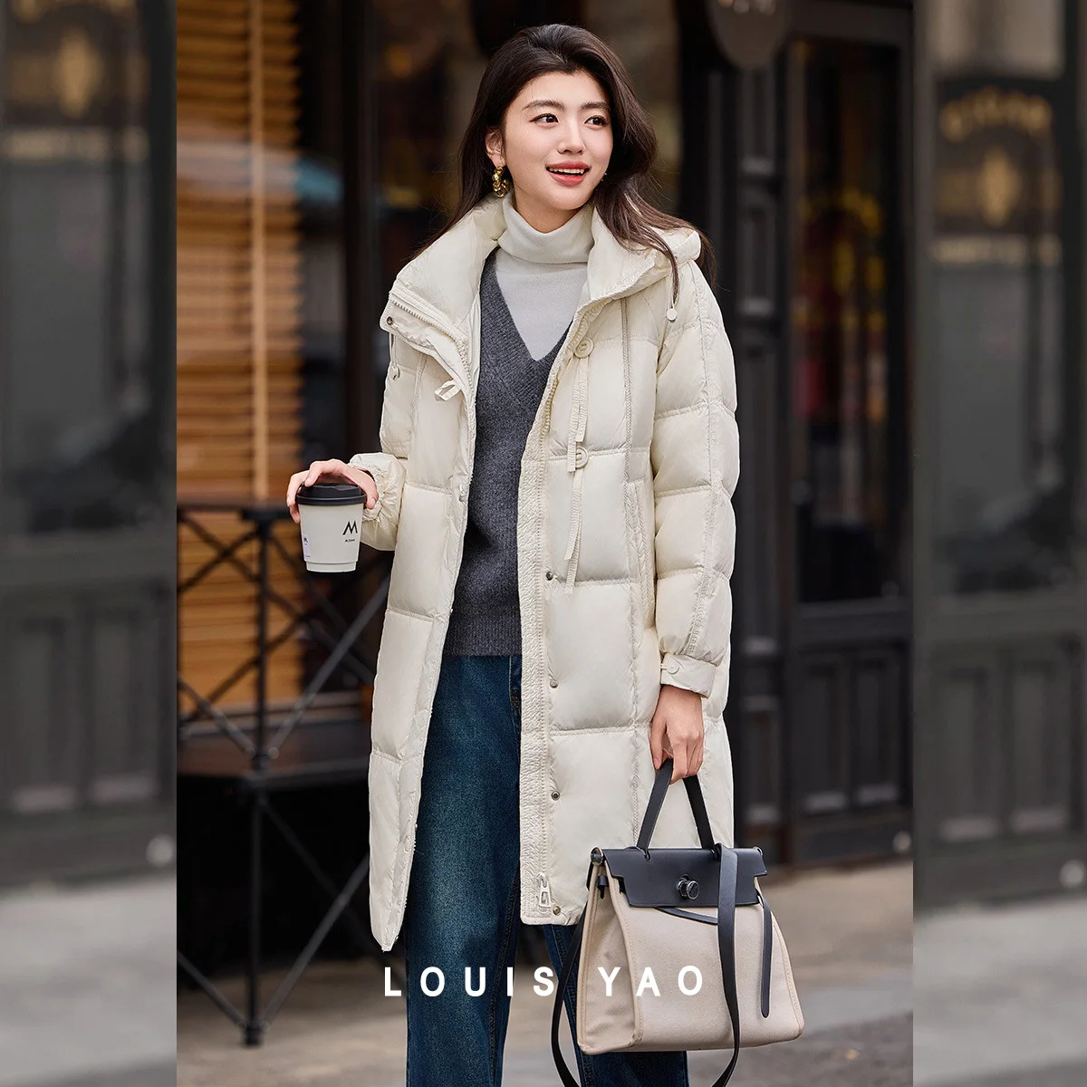LOUIS YAO Commuter Duck Down Mid-Length Warm Down Jacket  2025 Winter Hooded Stand Collar Thickened Loose Women's Down Jacket