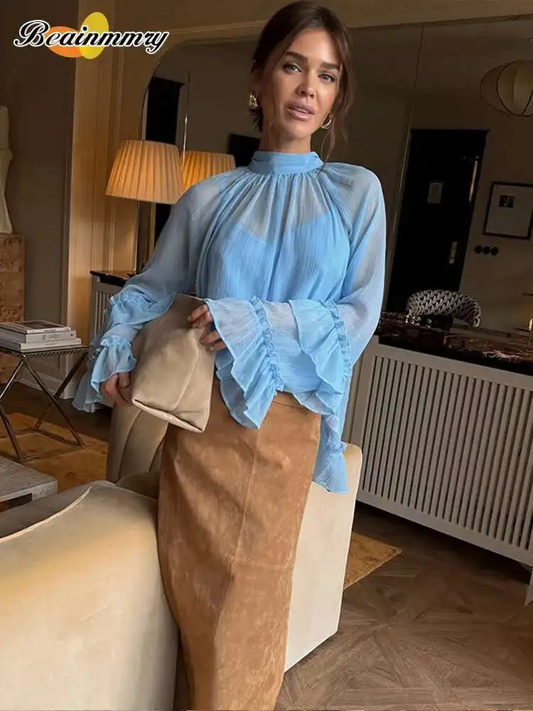 Elegant Lace Up Flare Sleeve ดูผ่านเสื้อแฟชั่นคอ Curg Edge เสื้อใหม่หญิงเดินทาง Highstreet Tops