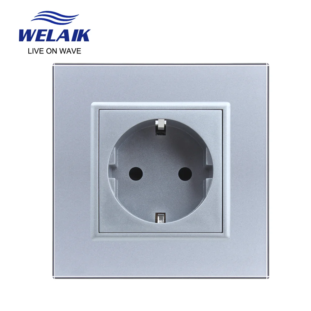 WELAIK EU 16A European Standard 80*80mm Russia Germany Spain Gray Glass Panel Baby Safety Wall Power Socket Outlet 220V   A18ES