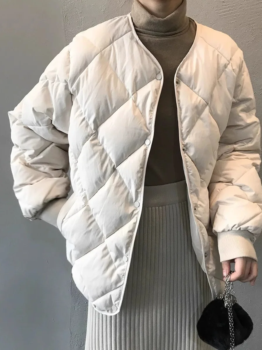 

Women's Lightweight Thickened down Cotton Jacket Winter Warm Fashionable Korean Style Diamond Patterned Coat Long Sleeve
