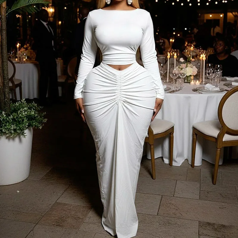 Doyerl Elegante Bodycon Maxi Jurk Sets Vrouwen 2-delige Club Outfit Party Lange Mouw Top + Lange Rok Bijpassende Set Ensembles Gewaden