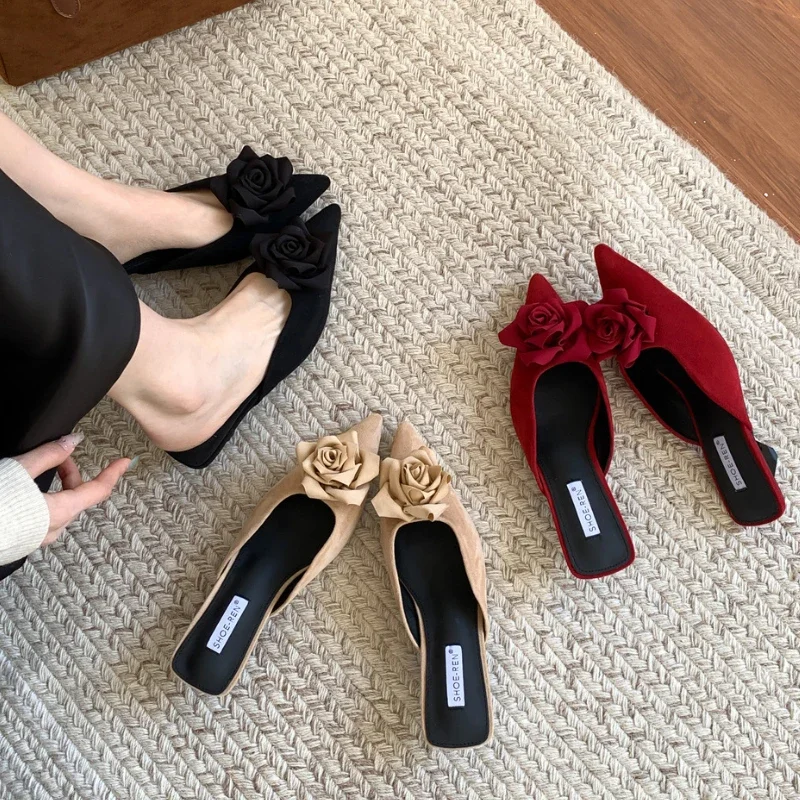 Flower Design High Heel Slippers Women Pointed Toe Elegant Slingbacks Dress Shoes Fashion Brand Sandals Female Zapatos De Mujer
