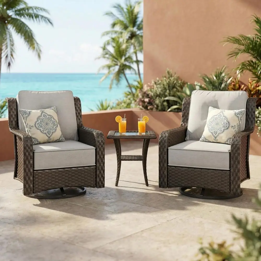 

Elegant 3-Piece Outdoor Patio Set with High Back Swivel Chairs, Side Table, Wicker Design, 6 Cushions, Grey