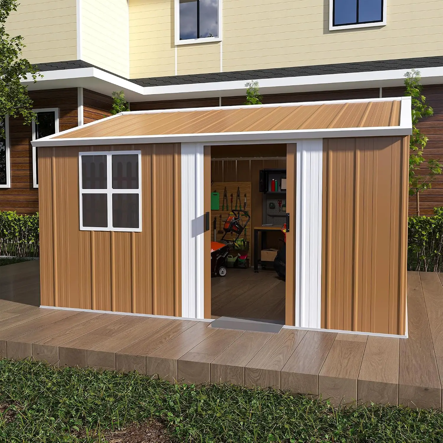 Heavy-Duty Metal Storage Shed with Windows & Lockable Door Brown, Customized