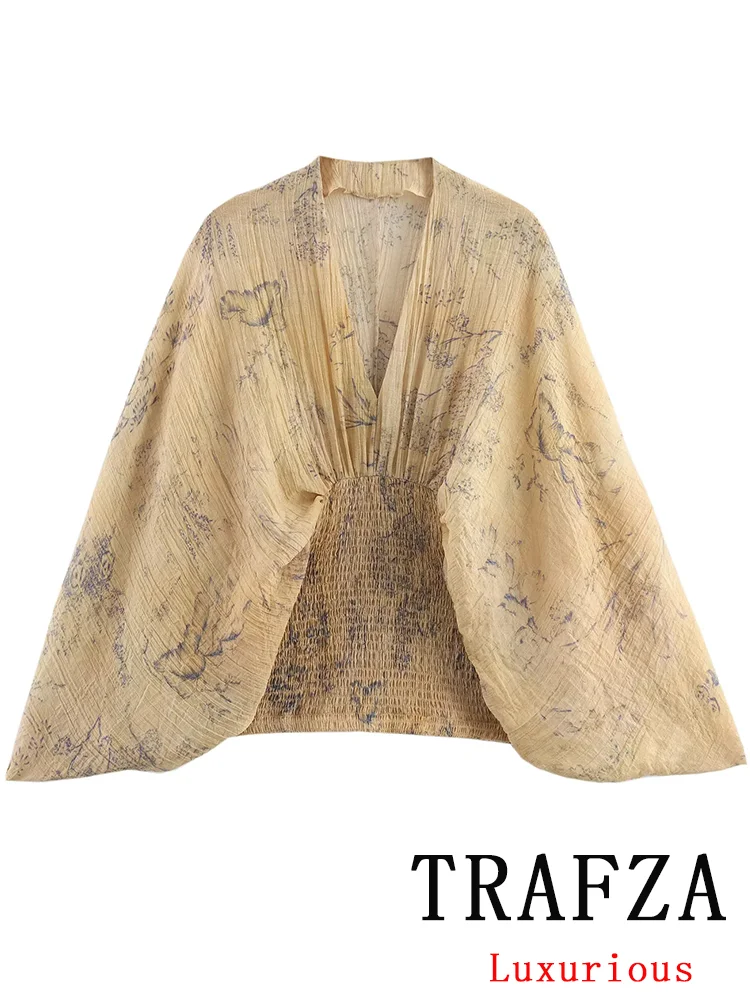 

TRAFZA Vintage Casual Chic Women Tops Print V-Neck Pullover Loose Long Sleeve Top New Fashion 2025 Autumn Holiday Female Tops