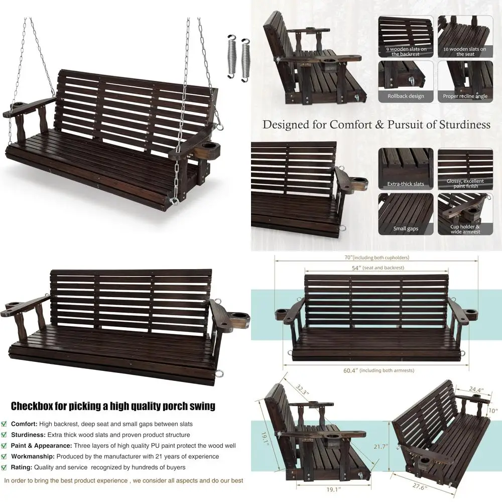 

Трехместные деревянные качели для крыльца с высокой спинкой и глубоким сиденьем с подстаканниками, подвесными цепями и пружиной 7 мм, удобные качели для улицы