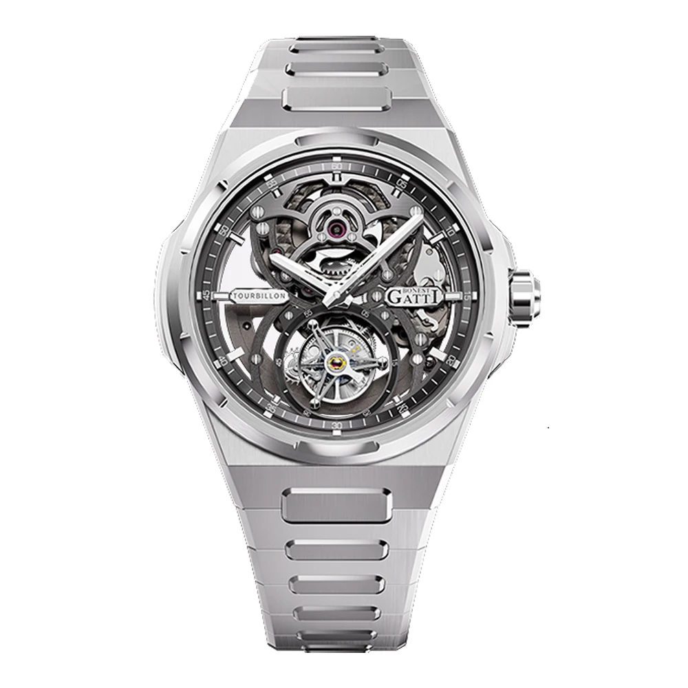 BONEST GATTI Мужские часы с турбийоном 42 мм Механические наручные часы с сапфировым стеклом Светящийся кристалл Скелет-циферблат
