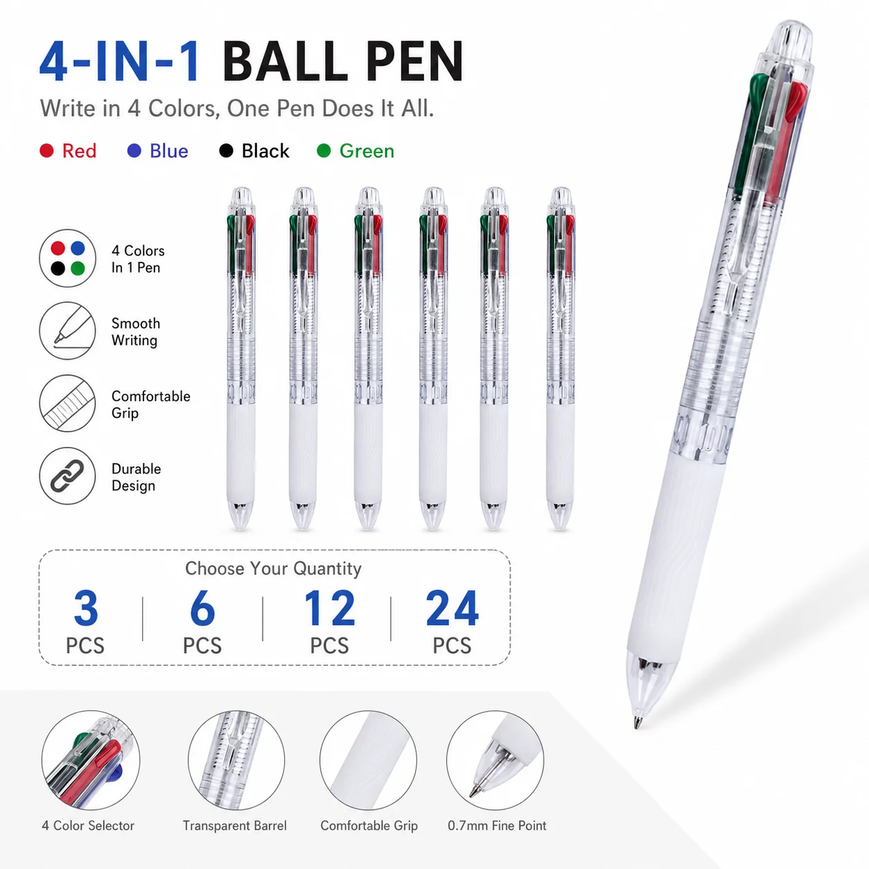 3/6/12/24Pcs Transparent 4-in1 Multi-color Ballpoint Pens,Smooth Writing, for Office Writing Stationery Back to School Supplies