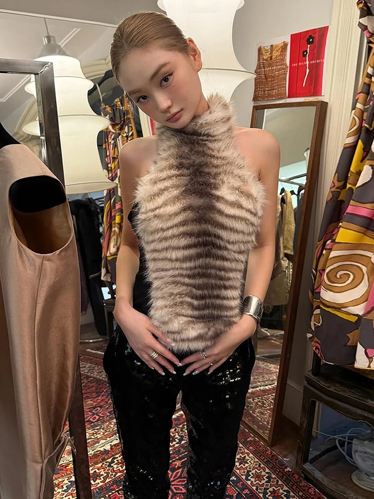 

Пушистые топы на бретелях Weird Puss Tiger в полоску, женские осенние сексуальные топы с лямкой на шее и открытой спиной, без рукавов, в стиле пэчворк, трендовая клубная одежда для полуночной вечеринки