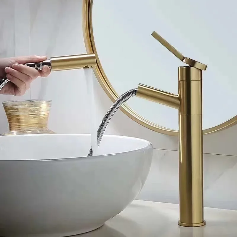 Full copper pull-out hot and cold water faucet brushed gold color pedestal basin sink swivel bathroom retractable