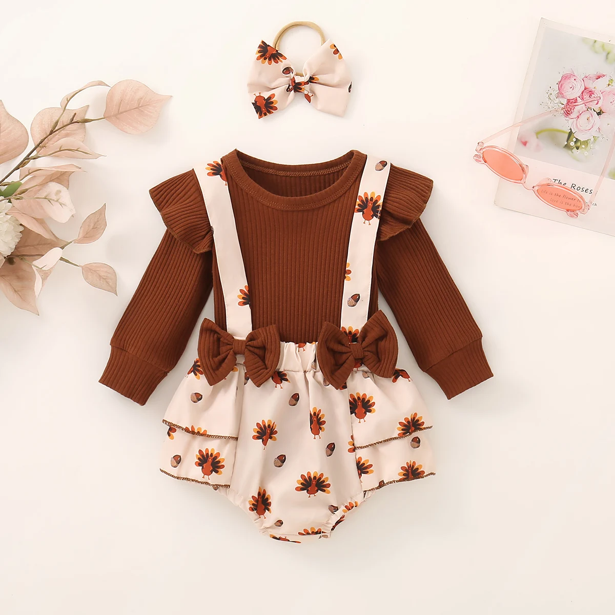 

3PC Fall Baby Girl Thanksgiving Day Cute Princess Halter Turkey Skirt Hoodie Three Piece Set