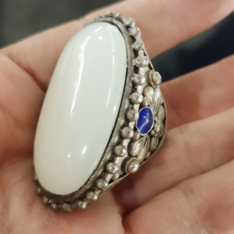 Men’s Vintage Old Silver Open Ring, Enamel Craft Inlaid Large Xinjiang White Jade Statement Retro Curio Finger Jewelry