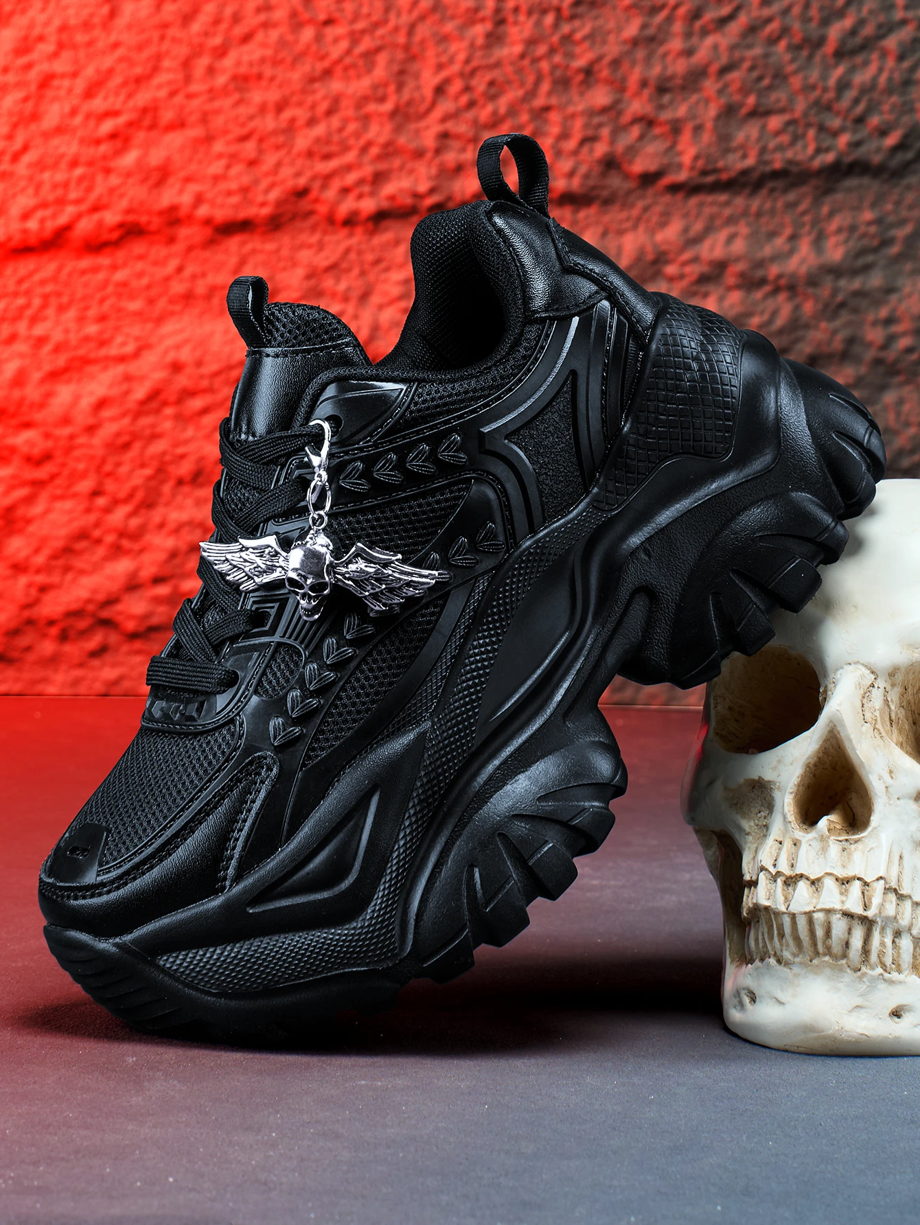 

Women's Height-Increasing 7cm Fashion Casual Sneakers with Dark Style 3D DIY Detachable Metal Silver Angel Skull Decoration Chain Shoe Accessories, Women's Sneakers for Outdoor Use in All Seasons, Eva Thick-Soled High Platform Black High-Heeled Shoes, Lig