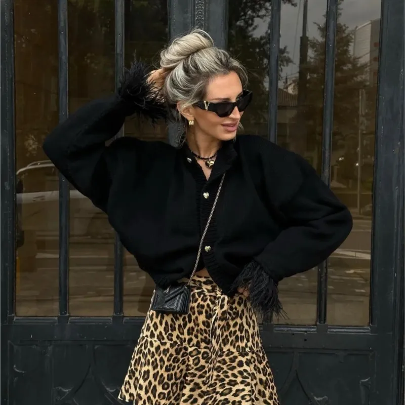 

KIDCRKJ Women Feather Patchwork Knit Cardigan Round Neck Long Sleeve Single Breasted Lady Coat Short Loose Elegant Female Coat