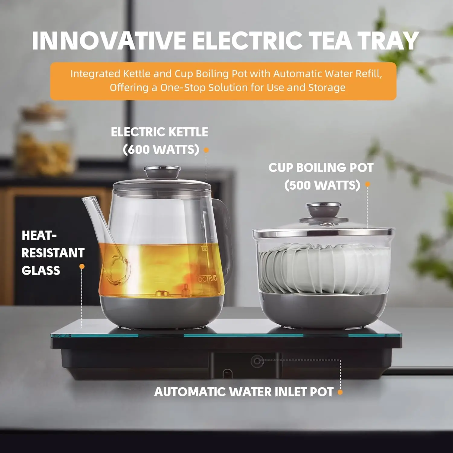 Electric Tea Tray 1100 Watts, Smart Water Kettle with Cup Boil,Electric Water Kettle with Auto Water Refill