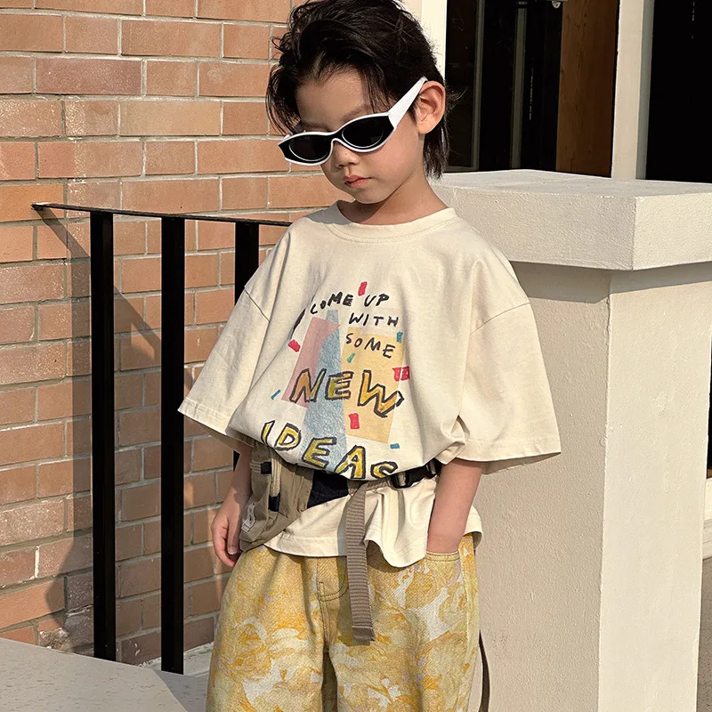 

Children Clothing Boys T Shirt 2024 Spring New Fashionable Loose Mid-sleeve Simple Cool Cartoon Printed Round Neck T-shirt