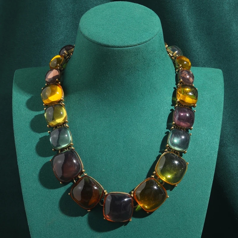 

Vintage Crystal Glass Colorful Choker Necklaces Party Antique Gold Color Statement Round Bohemian Luxury Designer Jewelry Gifts
