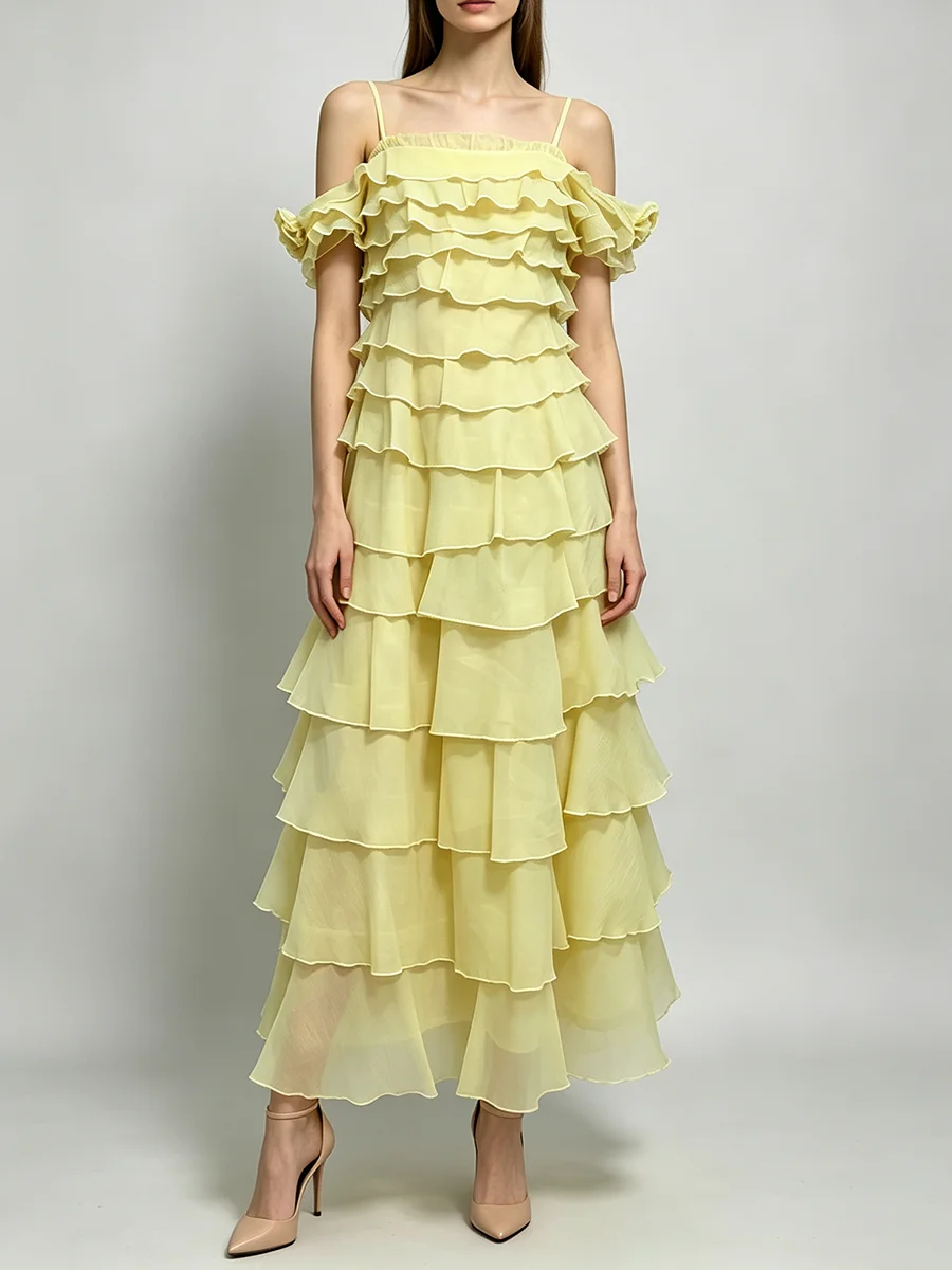 TWOTWINSTYLE Solid Spliced Ruffle Loose Maxi Dress for Women Square Neck Short Sleeve Patchwork Zipper Dresses Female Fashion