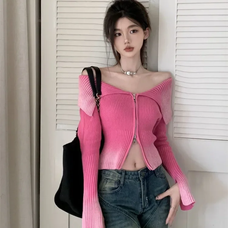 Gradient Sexy Off Shoulder Sweaters Women Autumn Slim Fit Double Zipper Knitted Cardigan Y2k E-Girl Long Sleeve Tops Mujer