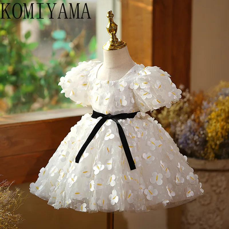 Customized Appliques Fairy Robe Sweet Girl Dress Square Collar Belt Waist Puff Sleeve Flower Girls Gowns Kids Ball Gown Peincess