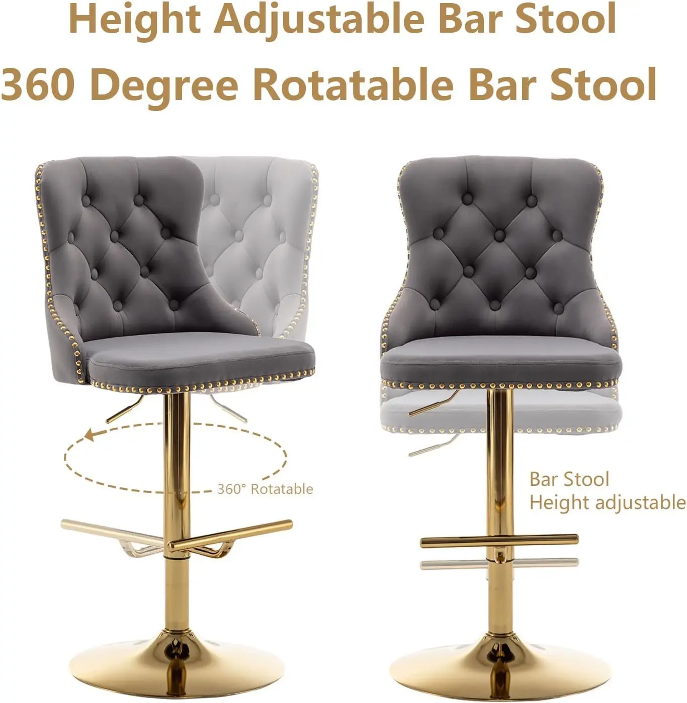 Bar Stools Set of 2, Counter Height Bar Stools with Button & Nailheads Trim, Gold Swivel Bar Stools for Kitchen Island (Grey)