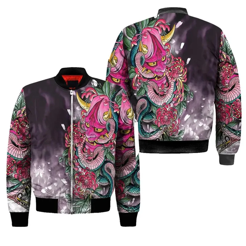 Spring Autumn Mens Bomber Jacket Samurai Oni Mask Tattoo 3D All Over Printed Zip Tracksuits Unisex Casual Zipper Jacket Clothing