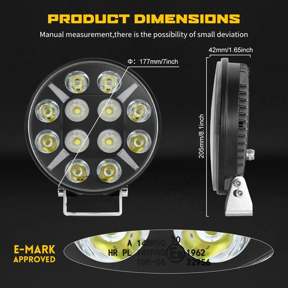 HAOLIDE 9インチ トラック用スポットライト 6000k ホワイト フルLED アンバーフォグライト ストロボライト トラック用ドライビングライト 12V 24V オフロード車用 IP68