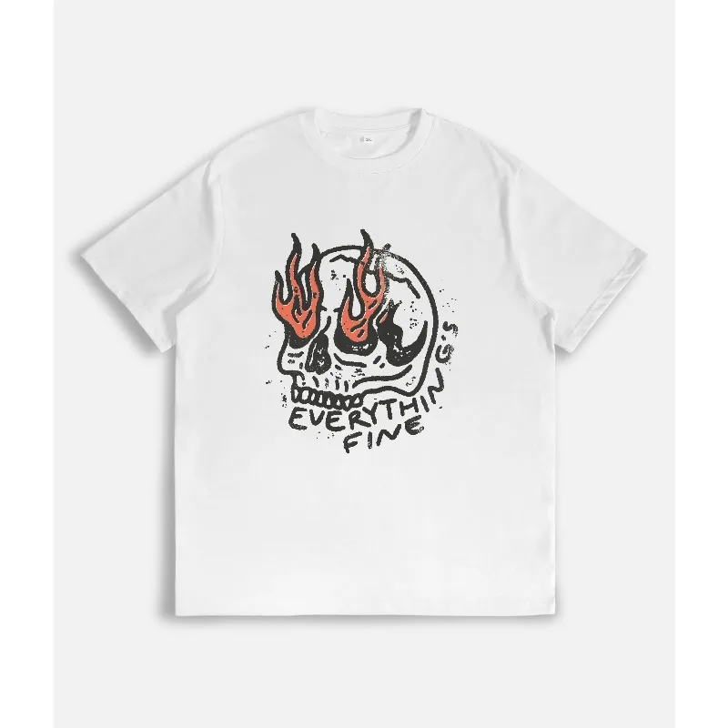 

Men Graphic T-Shirt Fire Skull Print Everything’s Fine Hand Drawn Style Retro Grunge Punk Aesthetic Streetwear Casual Summer Top