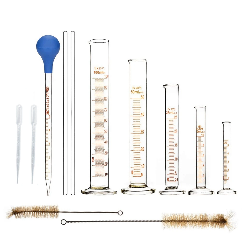 Graduated Cylinder Set Borosilicate Glass Measuring Cylinders in with Pipettes/Stirring Rods/Clean Brush