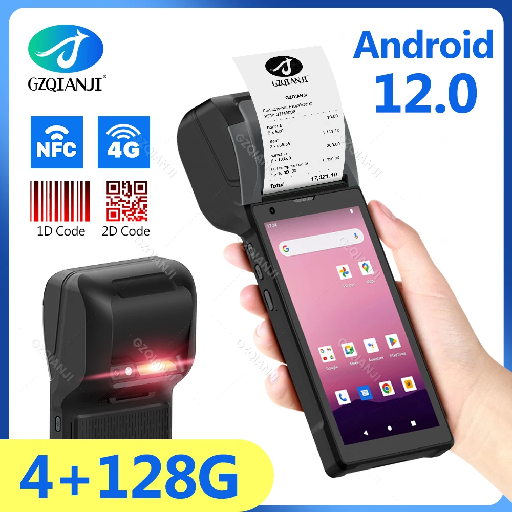 4G+128G Android 12 PDA with NFC All ine one POS Device with Wifi Bluetooth 58mm Thermal Printer 2D Barcode Scanner for Loyverse