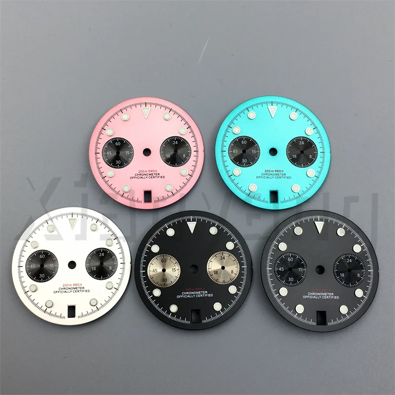 30mm Black Pink Blue White VK64 Watch Dial Wit Green Luminous Fit For VK64 Quartz Chronograph Movement 6 O 'clock Date Window