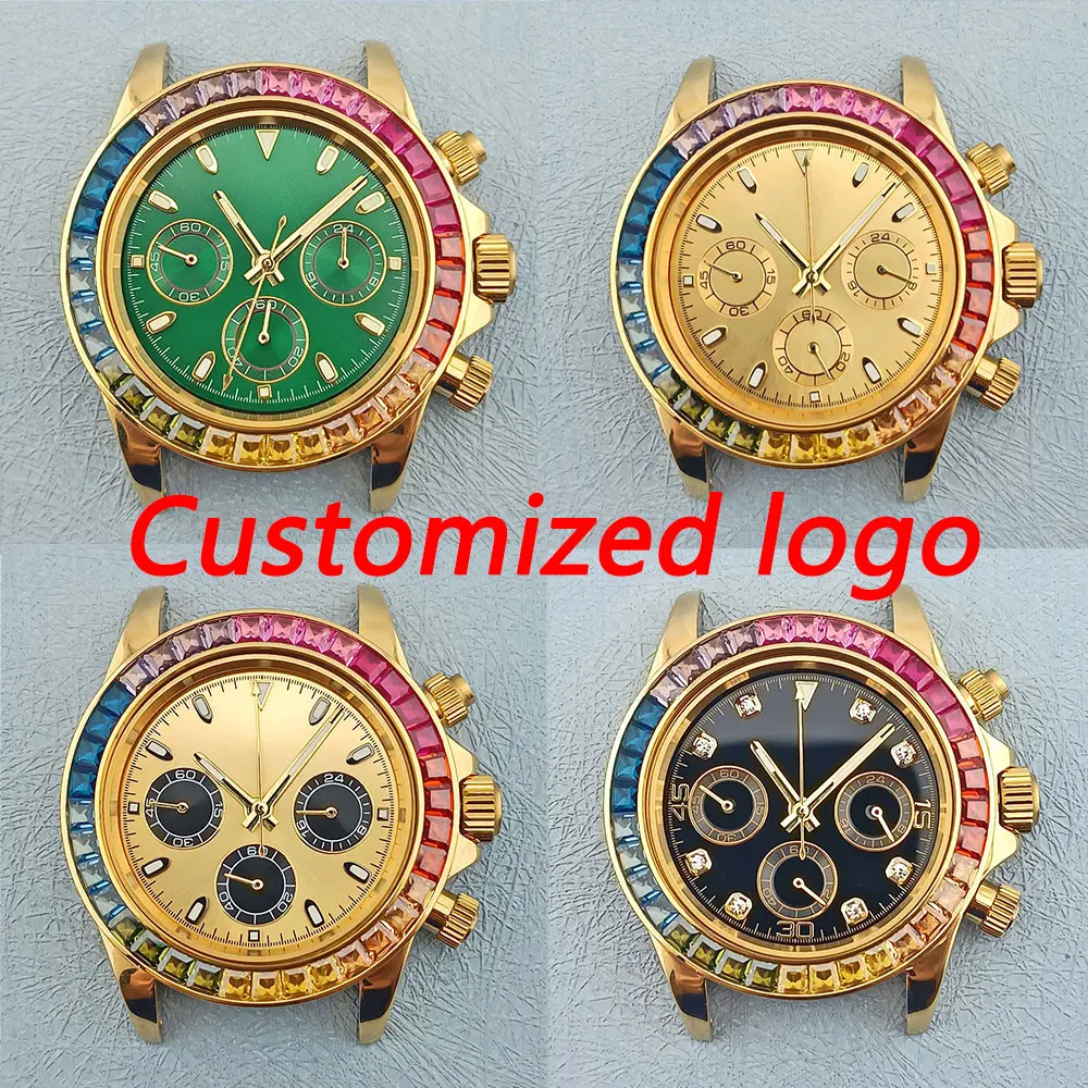 39.5mm VK63 Gold watch case fits the VK63 Movement 316L stainless steel sapphire glass 10bar waterproof Panda watch dial