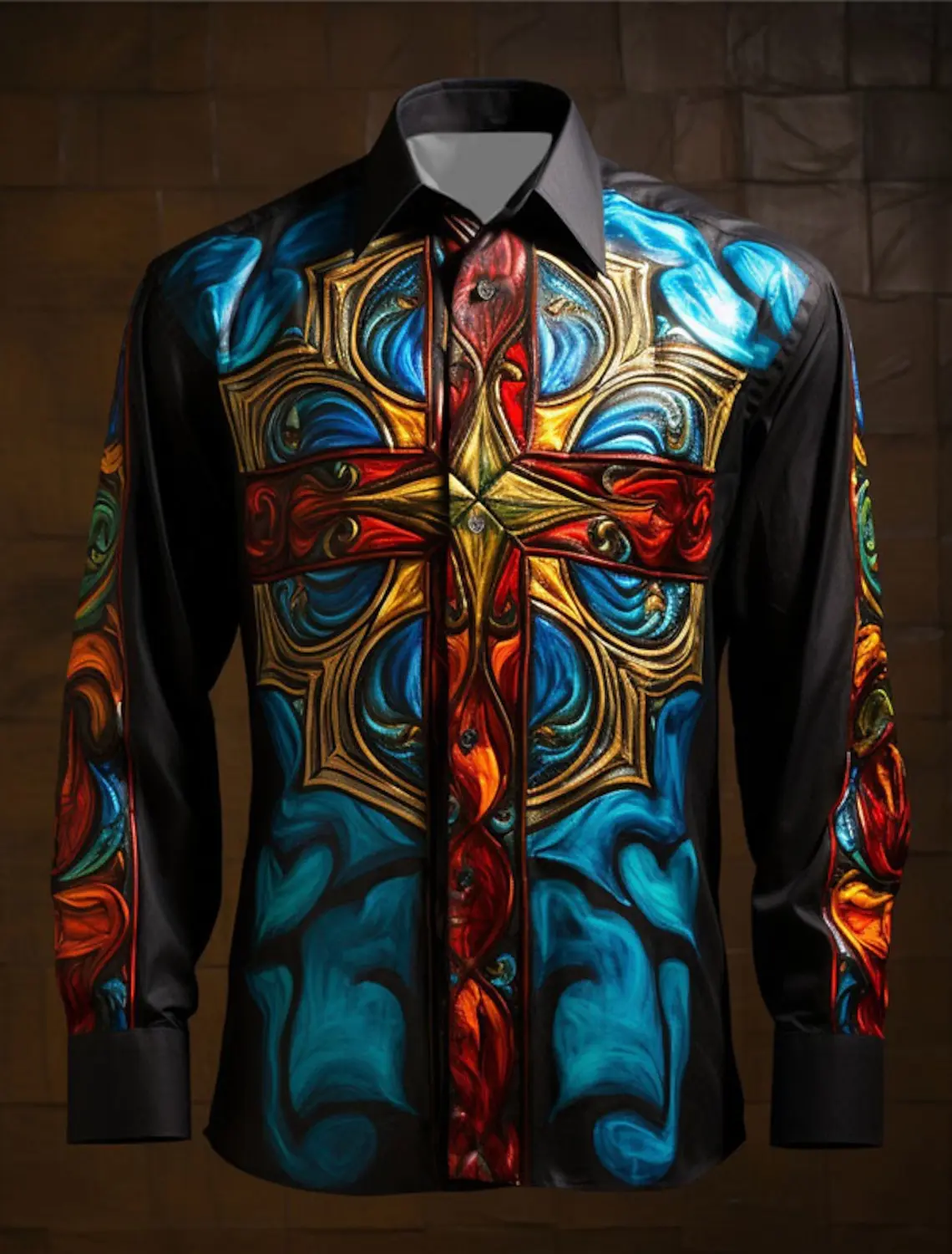 Camisa masculina de tecido elástico manga longa, abstrato artístico, bloco de cores, cruz colorida, roupa diária, corte de outono, 4 vias, 2024